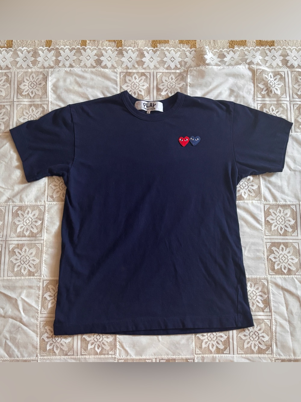 Comme des Garcons Navy Short Sleeve Tee with Red & Blue Hearts